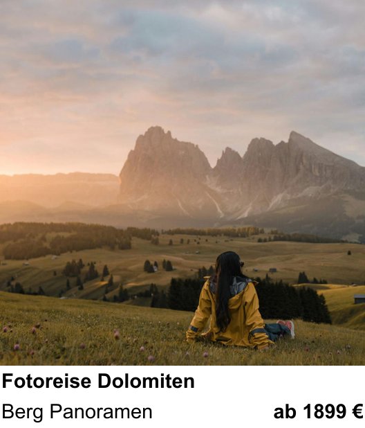 Kameratechnischer Foto-Workshop für Aufnahmen zu Fotoreise Dolomiten: Berg Panoramen